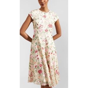 Hobbs London Tia Embroidered Dress Cream Multi Floral Mesh Midi US 8 NEW